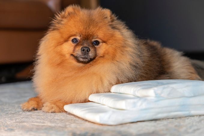 A Pomeranian dog next to a stack of diapers that will help with toilet training