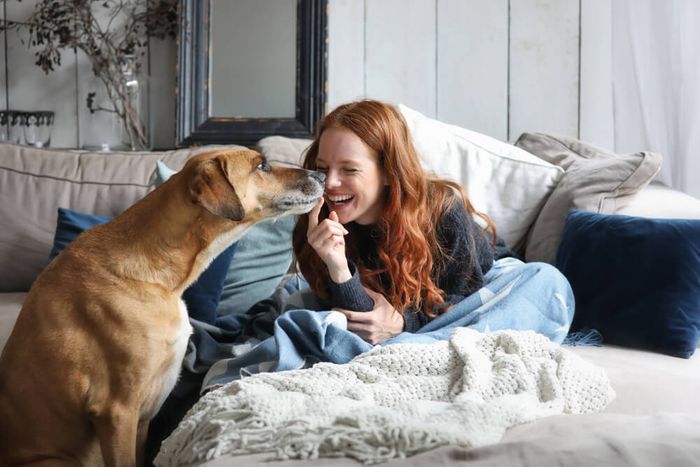 A woman laying on a couch with a dog next to her